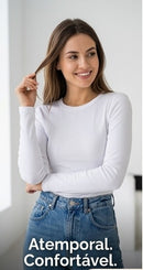 Blusas Feminina Ribana Canelada Manga Longa Básica Gola Redonda