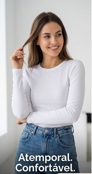 Blusas Feminina Ribana Canelada Manga Longa Básica Gola Redonda